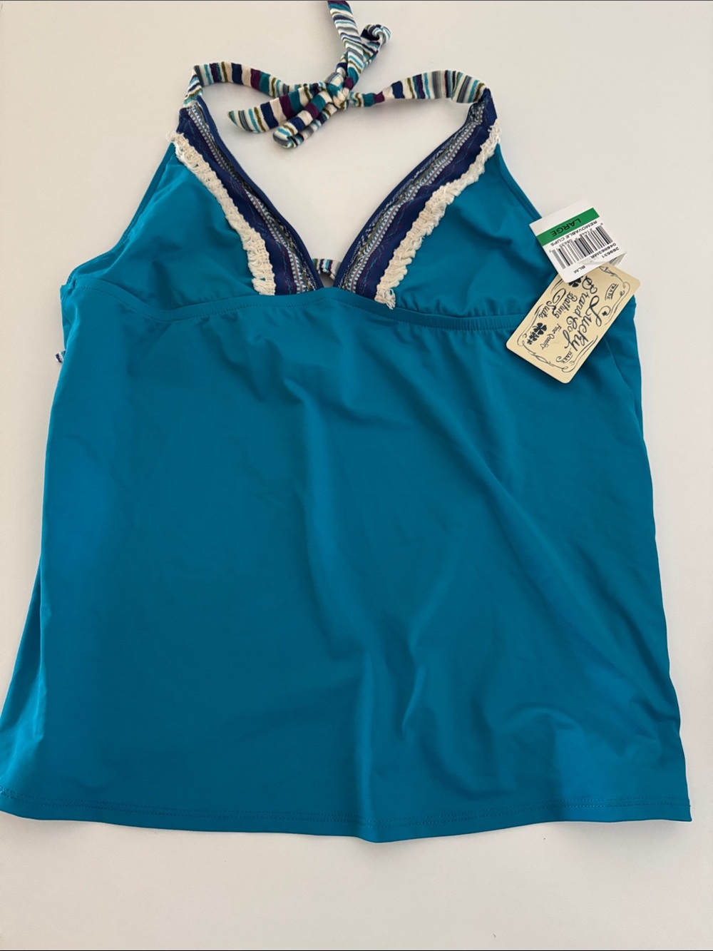 NWT Lucky Brand Embroidered Fringe Teal Blue Halter Tie Back Tankini Top Large